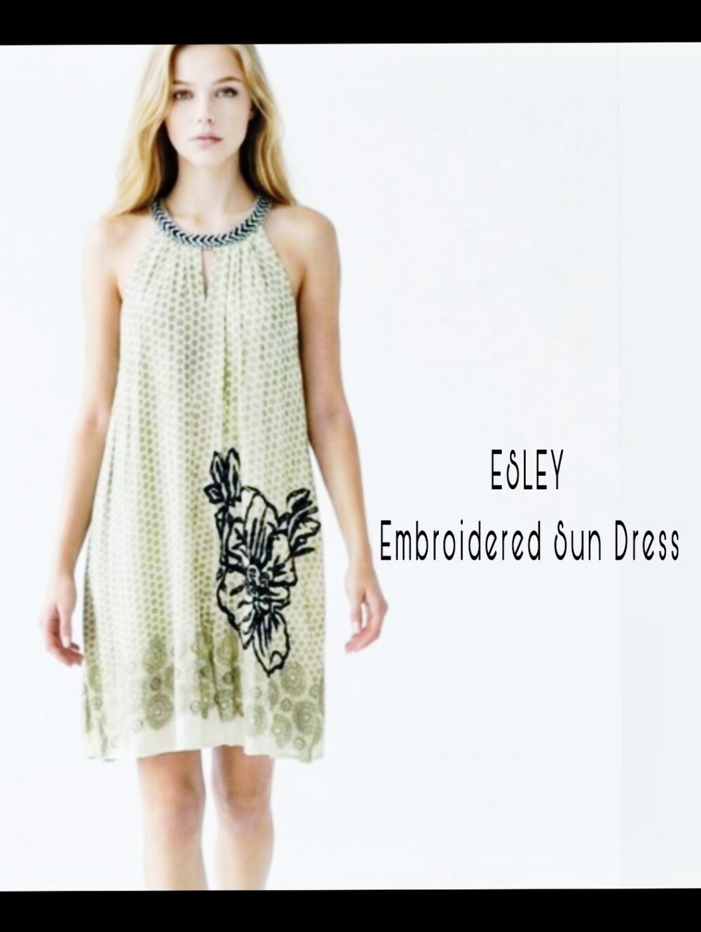 ESLEY Cream +Black Sleeveless Sun Dress W Keyhole Halter Neckline EMBROIDERED M - Picture 1 of 9